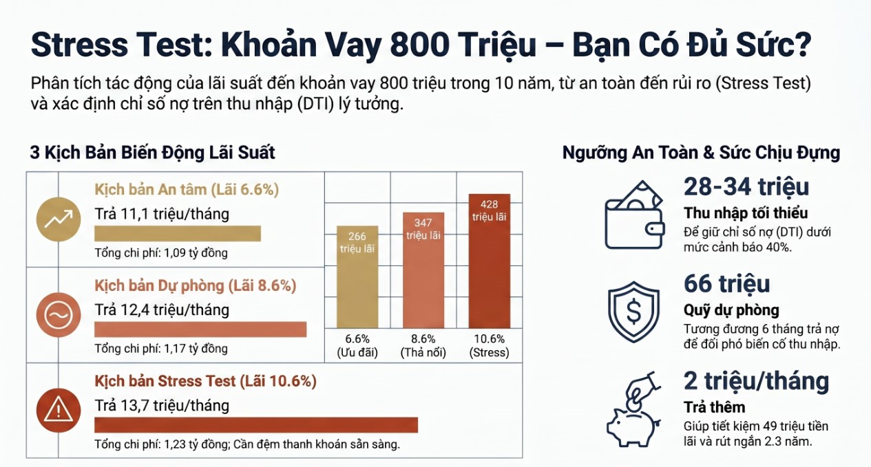 Stress Test Khoản Vay 800 triệu: Chuyện Gì Xảy Ra Nếu Lãi Suất Tăng 3%?