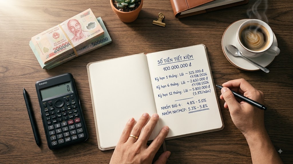 Gửi tiết kiệm 100 triệu lãi bao nhiêu 1 tháng, 6 tháng, 1 năm?